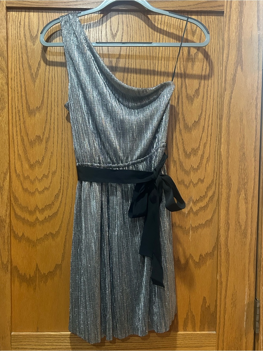 Express Metallic Silver One-Shoulder Dress with Black Waist Sash